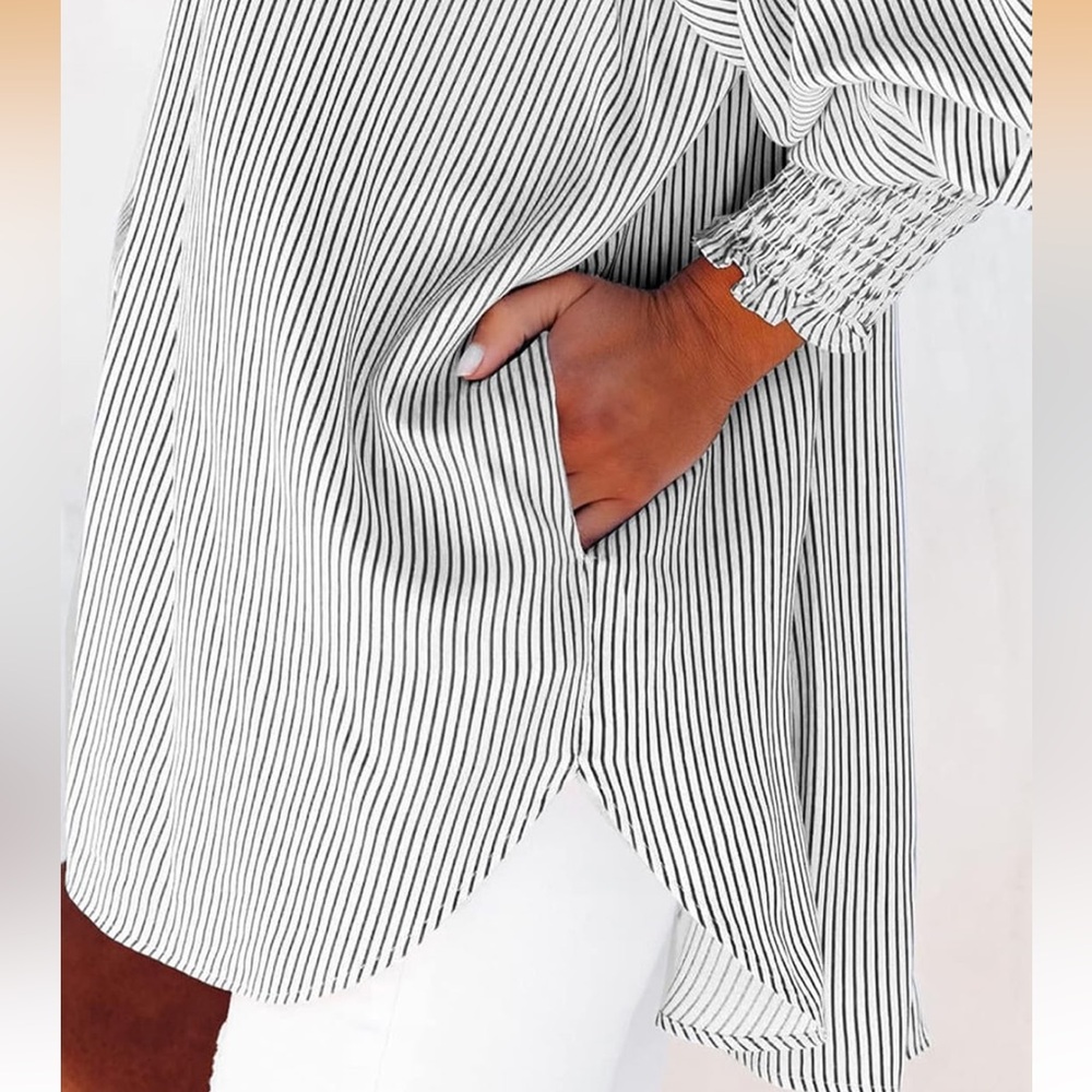 Oversized Button-Down Smocked Cuff Tunic Top - Picture 4 of 11